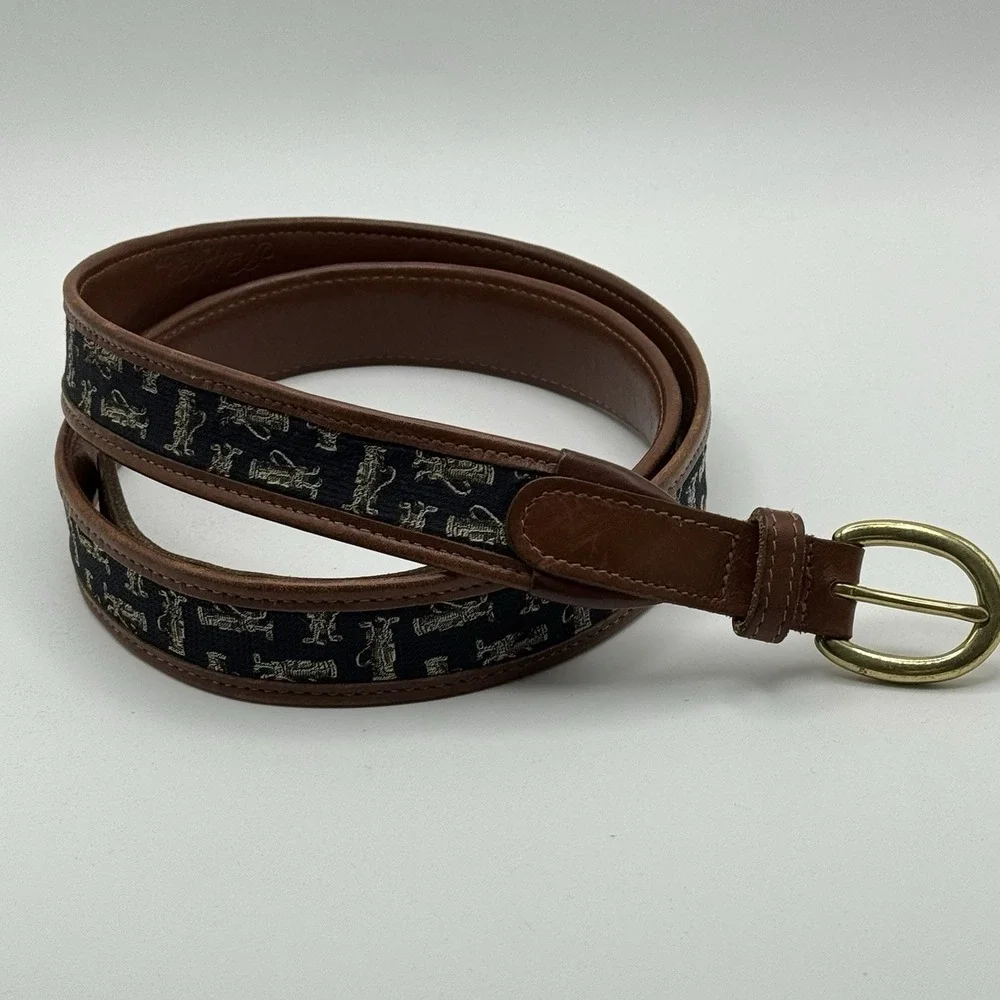 Brooks Brothers Golf Print Leather Canvas Belt Solid Brass Buckle Brown 42